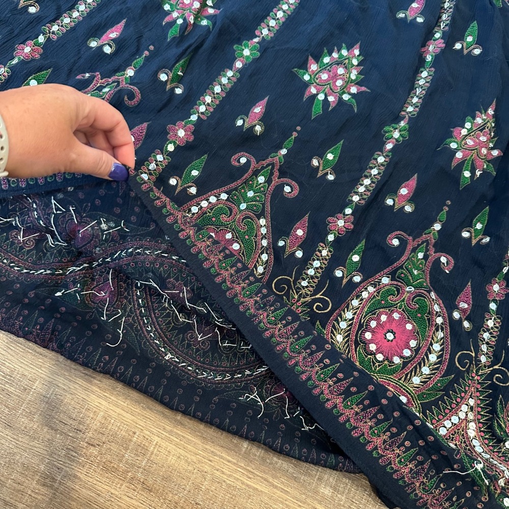 India Shisha Mirror Embroidered Maxi Skirt Boho Festival Hippie Navy Gypsy L/XL - Picture 6 of 7